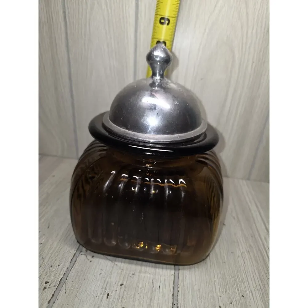 Vintage Artland Ribbed Glass Canister Jar 10” Amber Brown Pewter Lid Apothecary